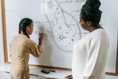 A student writes on a whiteboard with a teacher observing during a biology class.