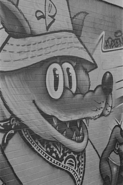 Grayscale graffiti of a cartoon fox in a bucket hat.